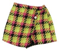 Neónově zeleno-tmavorůžovo-černéá kockované vzorované kraťasy so sukní s gombíkmi RIVER ISLAND