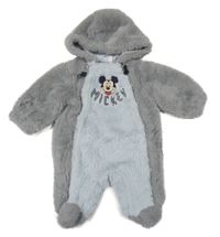 Sivo-světlemodrošedá kožušinová podšitá kombinéza s Mickey a kapucňou Disney