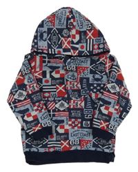 Modro-tmavomodro-červená vzorovaná prepínaci mikina s kapucňou