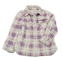 Bielo-levandulovo-hnedá kockovaná chlpatá košeľová bunda Topolino