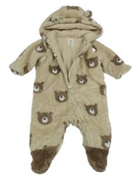 Béžová chlpatá zateplená kombinéza s medveďmi a kapucňou C&A