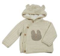 Béžovo-bílý pruhovaný podšitý propínací svetr s králíkem a kapucí Mothercare