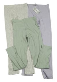 Nové - 3x žebrované legíny - světlezelené + světlešedé melírované + lila Tu