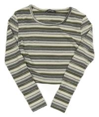 Šedo-smetanovo-khaki pruhované rebrované crop tričko Primark