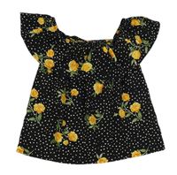 Černo-žlutý květovaný lehký crop top s volánkem Primark