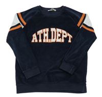 Tmavomodrá zamatová mikina s nápisom