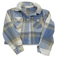 Modro-biela kockovaná vlnená crop košeľová bunda shein