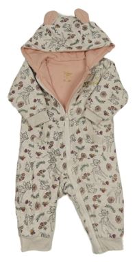 Svetlobéžová vzorovaná zateplená kombinéza s Bambim a kvetinami a kapucňou Primark