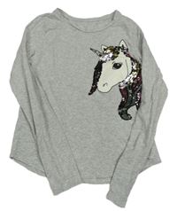 Šedé melírované triko s jednorožcem z flitrů 