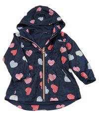 Tmavomodrá šušťáková jarná parka so srdiečkami a kapucňou