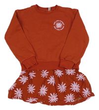 Tehlové teplákové šaty s lehkou sukní s ružovymi kvety Lily & Dan