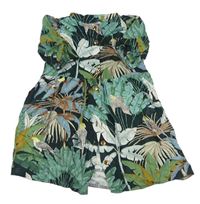 Čierno-zelené ľahké prepínaci šaty s listami a vtáčky