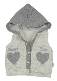 Sivo-biela melírovaná zateplená tepláková vesta so srdiečkami a kapucňou