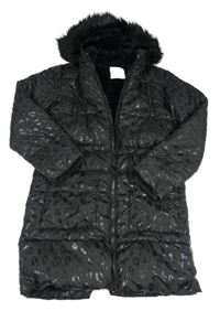 Černá šusťáková zimní parka s leopardím vzorem a kapucí s kožešinou George