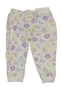 Bílo-žluto-lila kvetované tepláky s jednorožcami a duhami Ergee