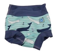 Tmavomodro-světlemodro-bílé pruhované neoprenové plavky s velrybami Splash About 