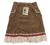 Nové - Hnědo-barevná manšestrová sukně květovaným prvkem