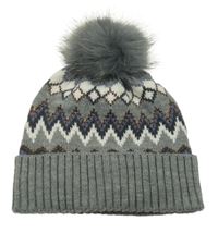 Šedo-bílo-modrá vzorovaná čepice s bambulí Tchibo