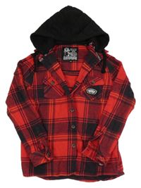 Červeno-čierna kockovaná košeľová bunda s kapucňou