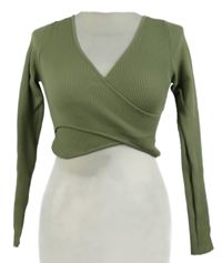 Dámske khaki rebrované crop tričko Stradivarius