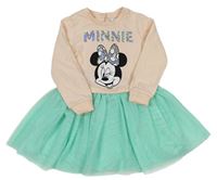 Svetloružová -tyrkysové teplákovo/tylové šaty s Minnie Disney