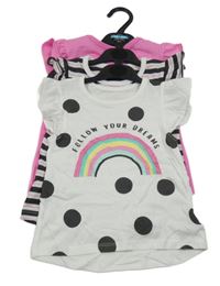 Nové - 3x tričko růžové+ pruhované+ bílé puntíkaté s dúhou Dunnes