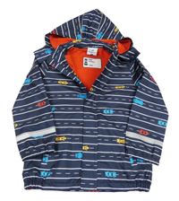 Tmavomodrá pruhovaná šusťáková jarní bunda s auty a kapucí Topolino