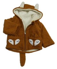 Hnedá huňatá zateplená bunda s liškami a kapucňou