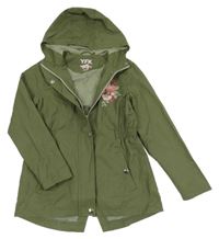 Khaki jarní parka s vyšívanou květinou a kapucí Y.F.K.