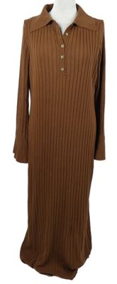 Dámske hnedé rebrované úpletové dlhé šaty s golierikom Shein