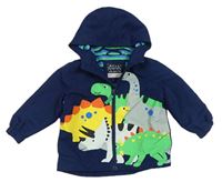 Tmavomodrá šusťáková jarní bunda s dinosaury a kapucí Next