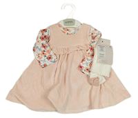 3set - Světlerůžové sametové šaty + květované body + punčocháče M&S