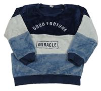 Tmavomodro-biela chlpatá mikina s nápisom