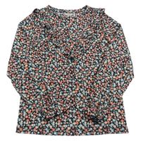 Čierno-modro-ružová kvetovaná blúzka s volánikmi F&F