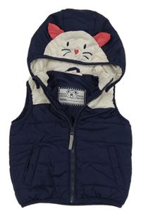 Bílo-tmavomodrá šusťáková zateplená vesta s kapucí Topomini