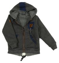 Tmavošedá melírovaná propínací zateplená mikina s nápisem a kapucí 