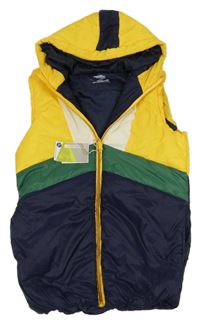 Nové - Žluto-tmavomodrá šusťáková zateplená outdoorová vesta s kapucí MOUNTAIN WAREHOUSE