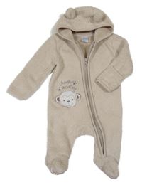 Béžová huňatá kombinéza s opičkou a kapucňou s uškami Real Baby