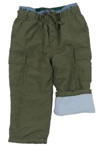Khaki šušťákové zateplené nohavice s vreckami