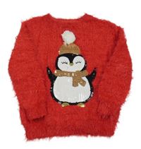 Červený chlpatý sveter s tučňákem Primark