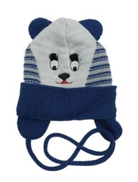 Tmavomodro-bílá pletená čepice s medvídkem 