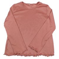 Růžové žebrované triko s kroucenými lemy 