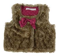 Hnedo-biela kožušinová podšitá vesta s mašlou