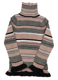 Ružovo-sivo-biely pruhovaný rebrovaný sveter s rolákom Primark