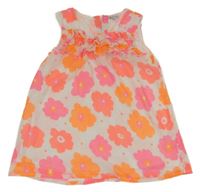 Bielo-ružovo-oranžová kvetovaná žoržetová šatová tunika s volánikmi