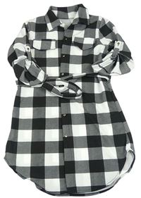 Čierno-biele kockované vzorované prepínaci košeľové šaty s opaskom