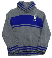 Sivo-zafírový melírovaný sveter s logom a pruhmi RALPH LAUREN