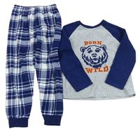 Sivo-tmavomodro-kockované fleecové pyžama s medvedíkom PRIMARK