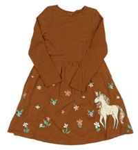 Hnedé šaty s jednorožcom a kvietkami C&A