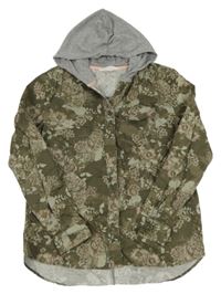 Khaki plátenná košeľová bunda s růžemi a kapucňou H&M